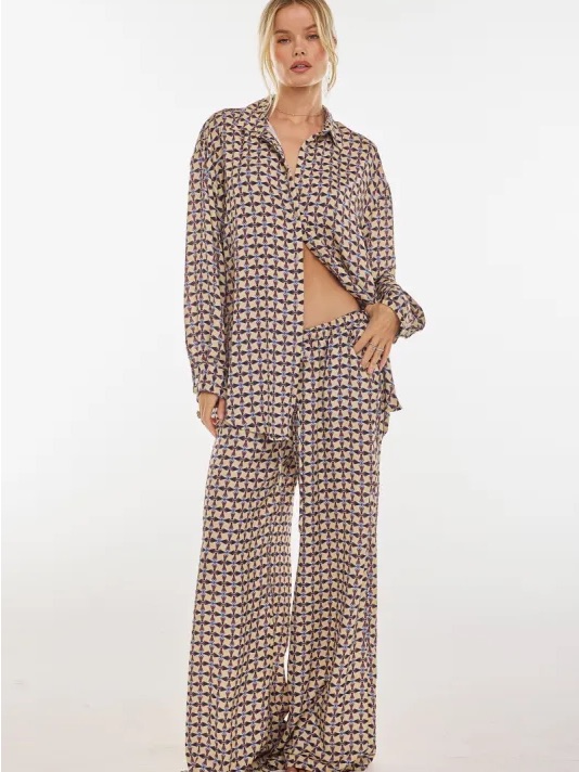 Resa Miley Matching Set Mosaic Print Button Down & Pants Size Xs/S Nwt
